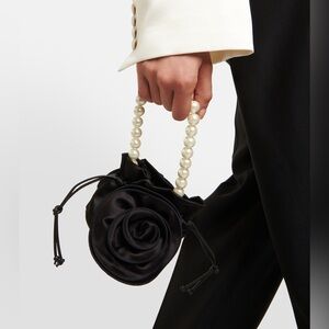 MAGDA BUTRYM pearl magda black silk satin bucket 3D rose crossbody evening bag